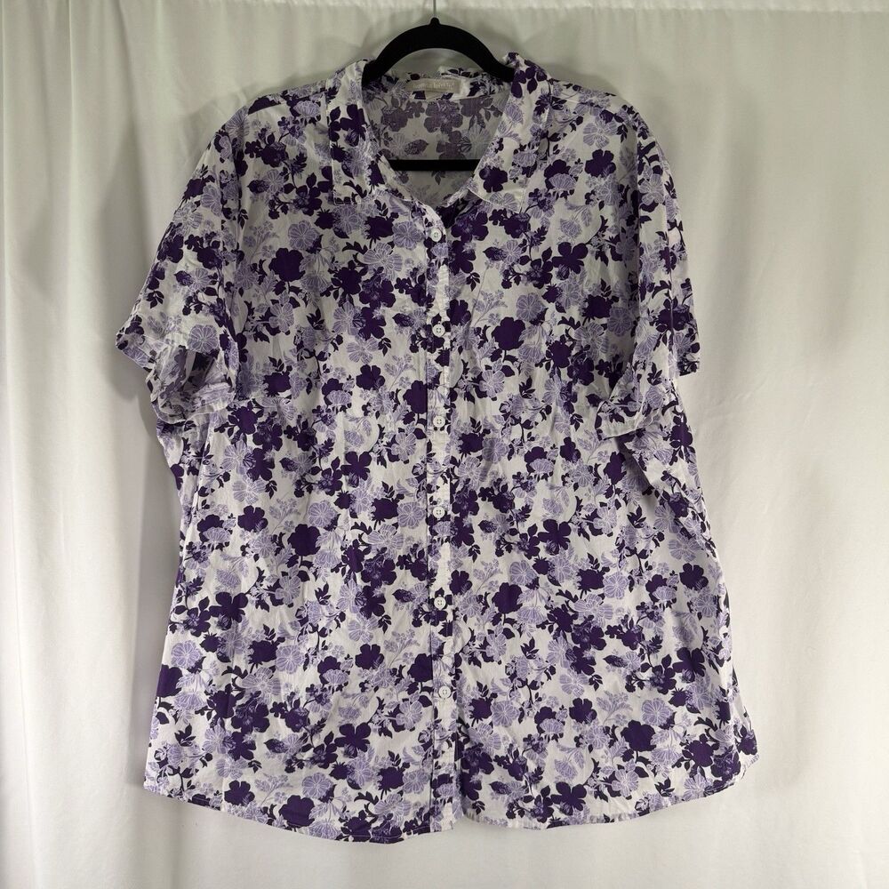 Woman Within Polo Women's 2X 26/28 Purple White Floral Short Sleeve Collared